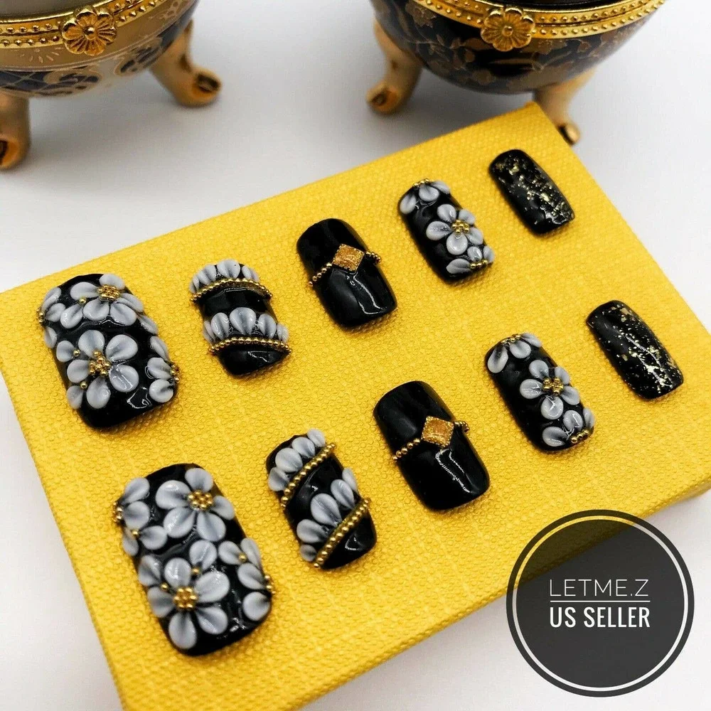 Press on Nails‎ Glue On Acrylic 3D Flower Black Gold